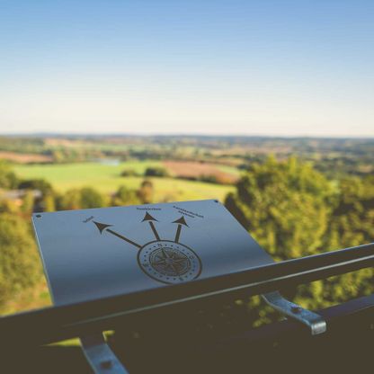 Ein Ausblick von einem Aussichtsturm, im Vordergrund ist ein Schild angebracht, das in Richtung der Orte Selent, Neuenkirchenn und Auenlandschaft Malente zeigt.