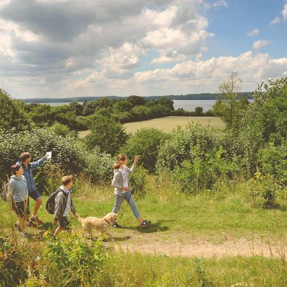 Familie mit Hund auf einem Wanderweg im grünen mit Blick auf den See