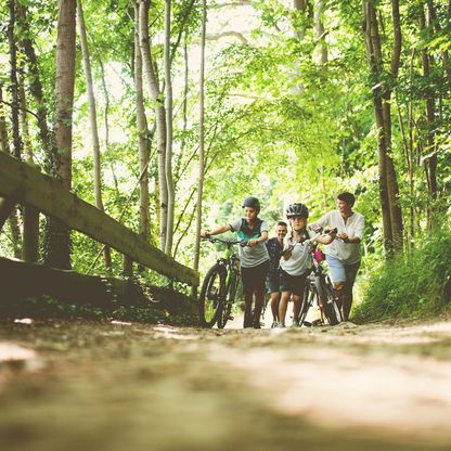 Eine radfahrende Familie schiebt im Wald einen Hügel hinauf